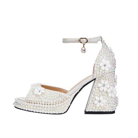 White Pearl Encrusted Flower Chunky Sandals