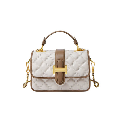 White Quilted Leather Satchel Bag with Gold Chain Strap