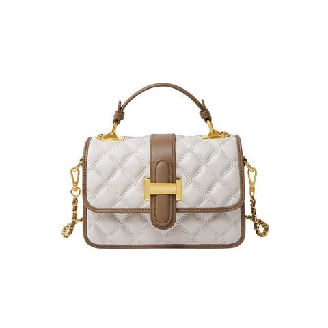 White Quilted Leather Satchel Bag with Gold Chain Strap