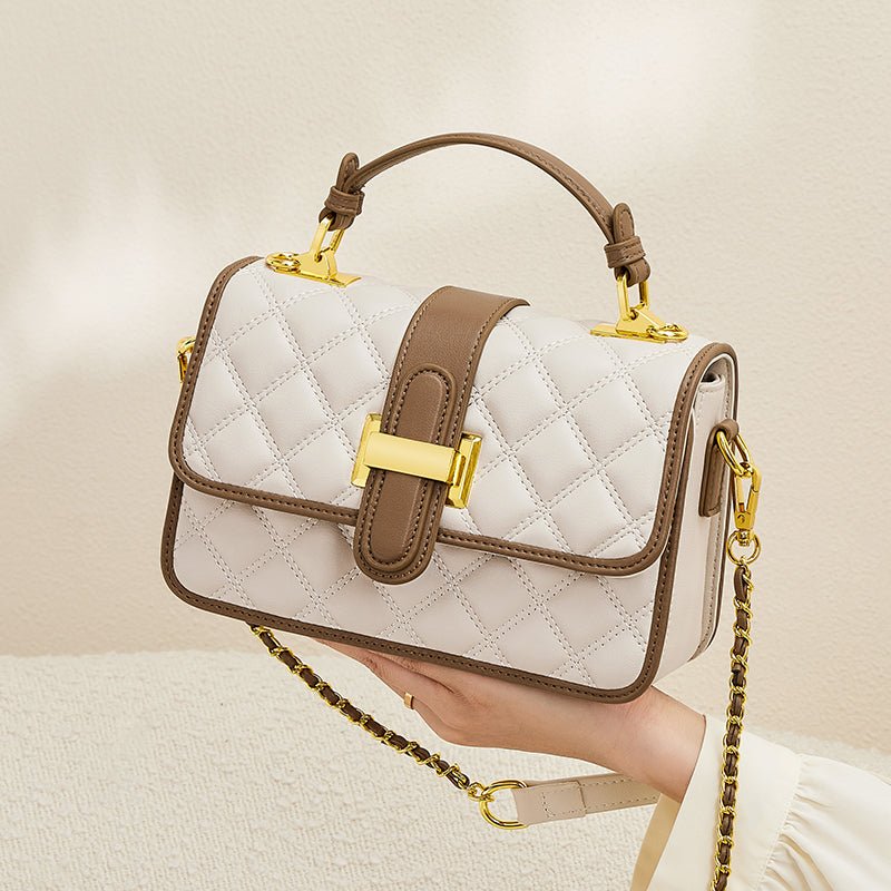 White Quilted Leather Satchel Bag with Gold Chain Strap