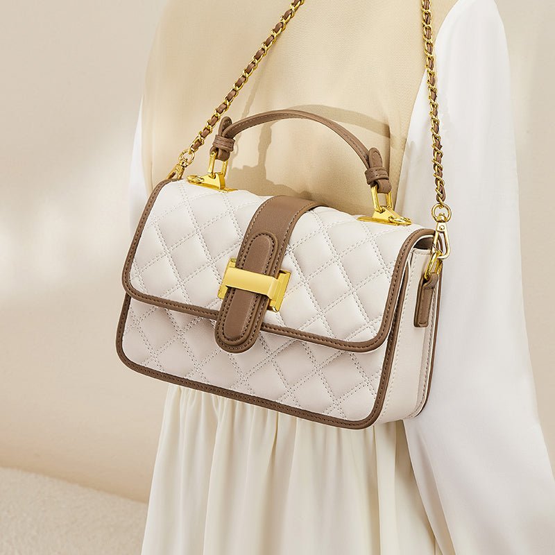 White Quilted Leather Satchel Bag with Gold Chain Strap