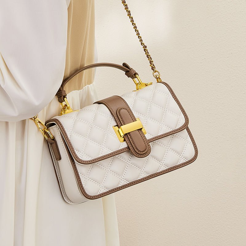 White Quilted Leather Satchel Bag with Gold Chain Strap