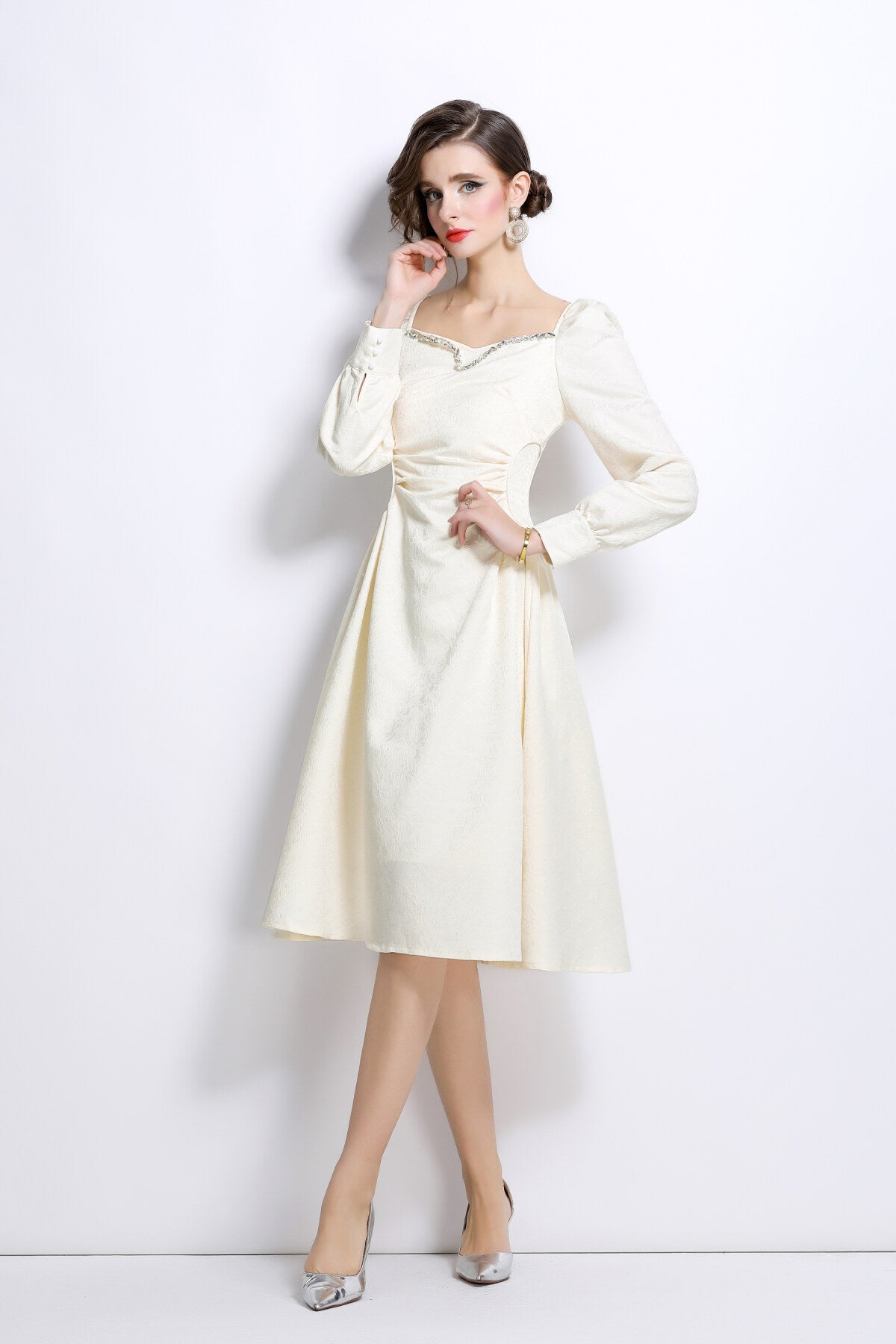 white sweetheart embellished puff sleeve midi dress all white 1
