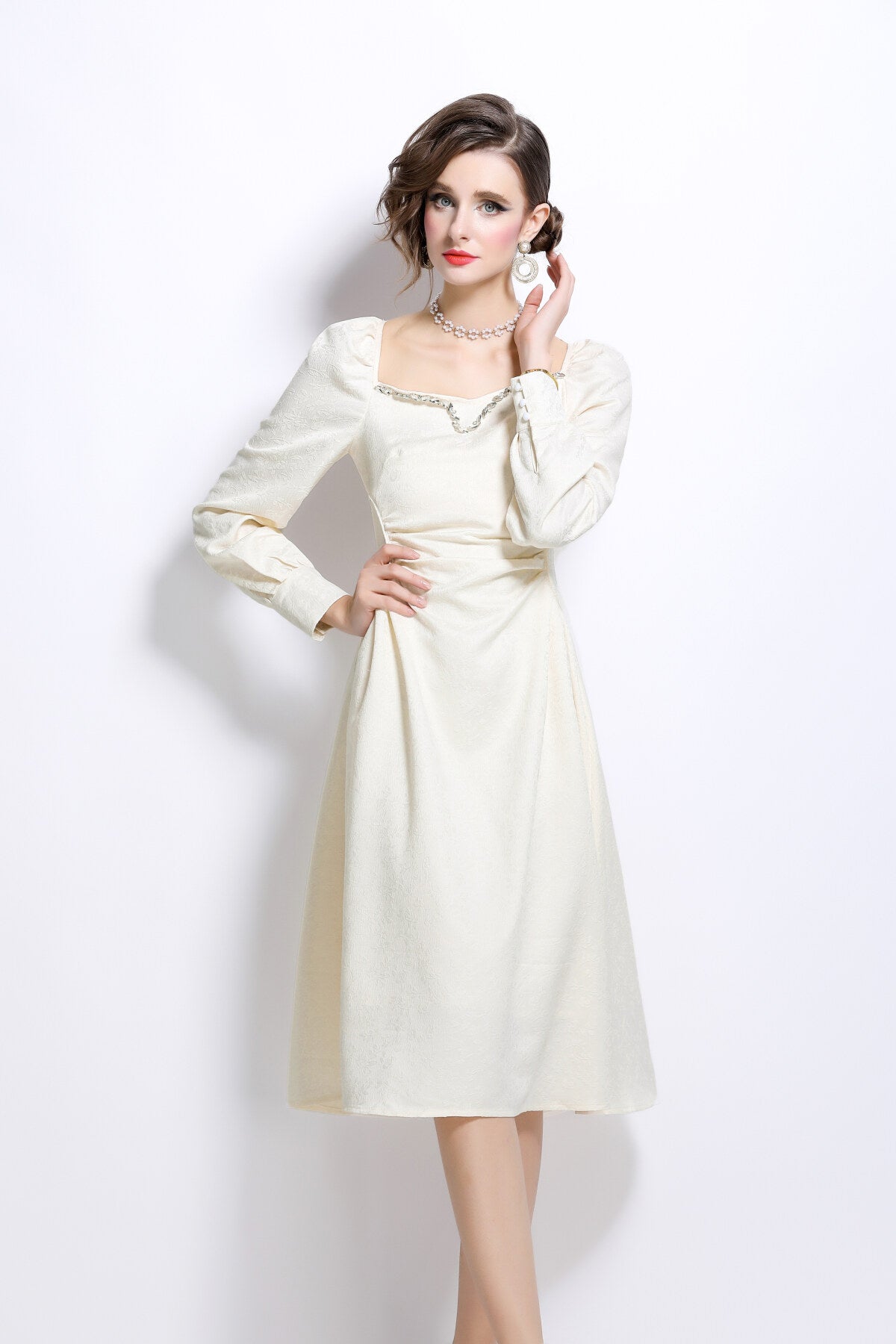 white sweetheart embellished puff sleeve midi dress all white 2