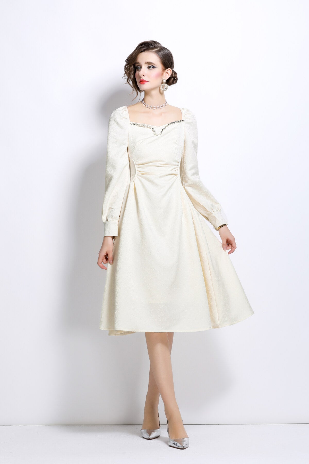 white sweetheart embellished puff sleeve midi dress all white 3