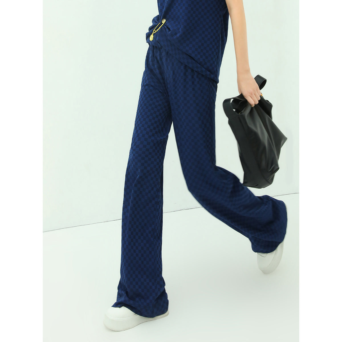 wide leg checked blue knitted pants all blue 1