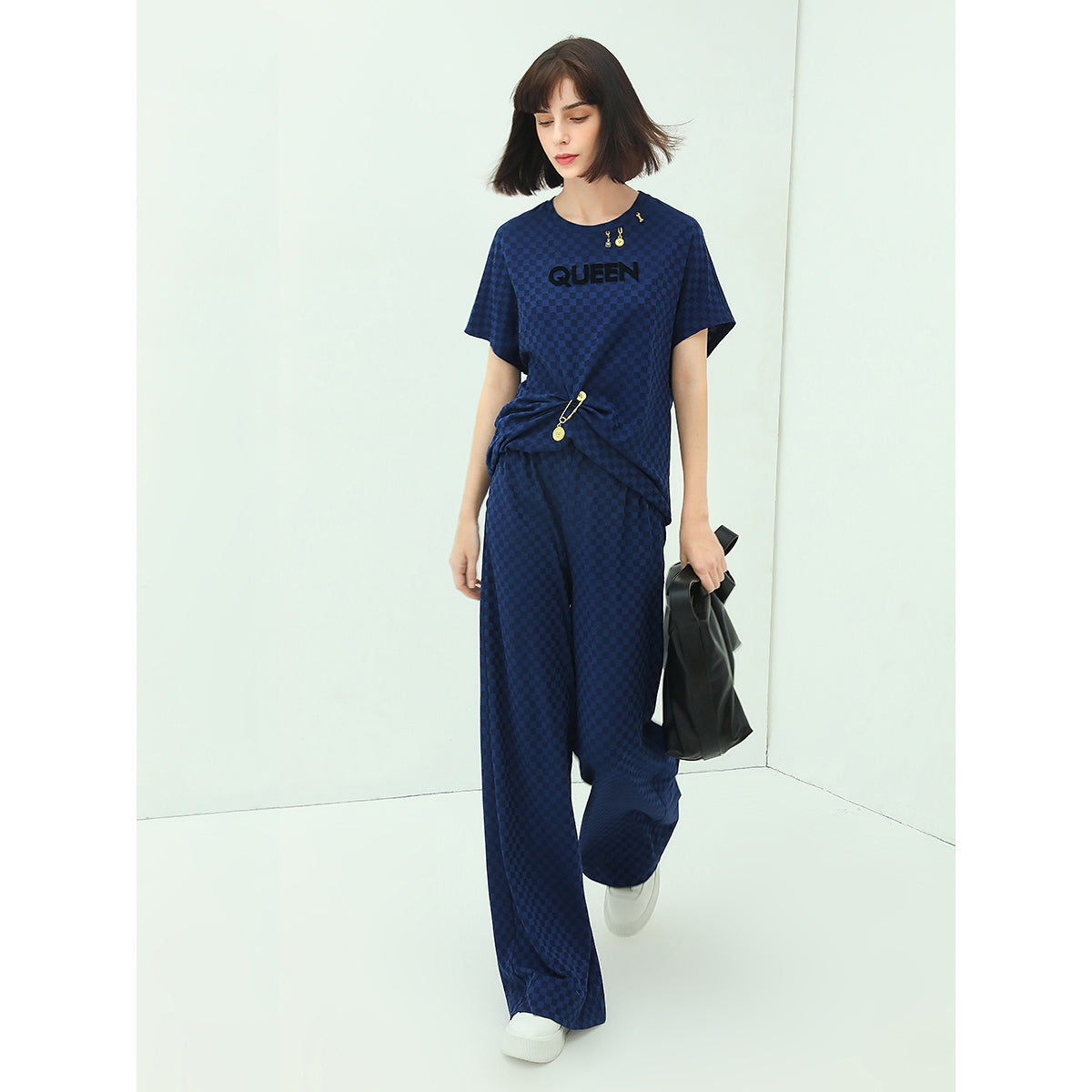 wide leg checked blue knitted pants all blue 2