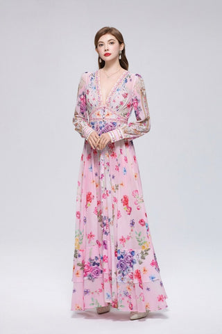Wildflower & Gold Baroque Deep V-Neck Maxi Dress