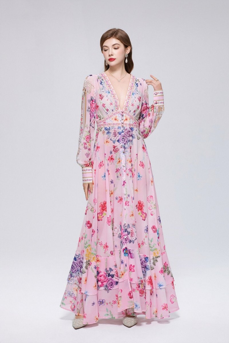Wildflower & Gold Baroque Deep V-Neck Maxi Dress