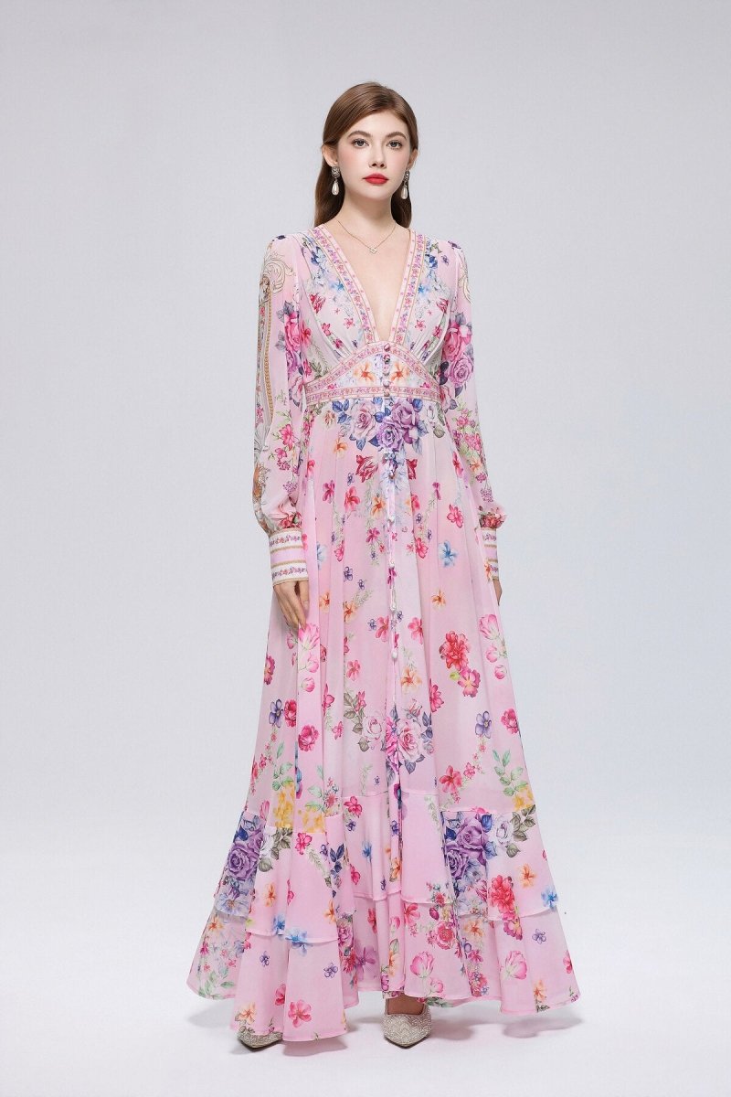 Wildflower & Gold Baroque Deep V-Neck Maxi Dress