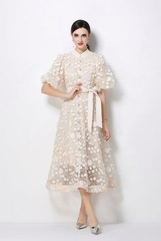 Women's 3D Floral Mesh Midi Dress with Belted Waist
