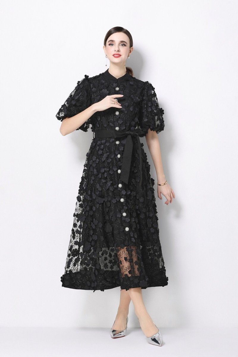 Women's 3D Floral Mesh Midi Dress with Belted Waist