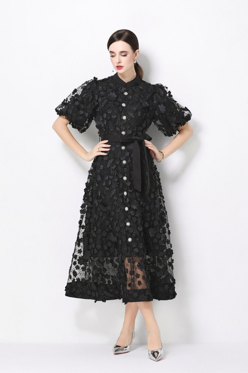 Women's 3D Floral Mesh Midi Dress with Belted Waist