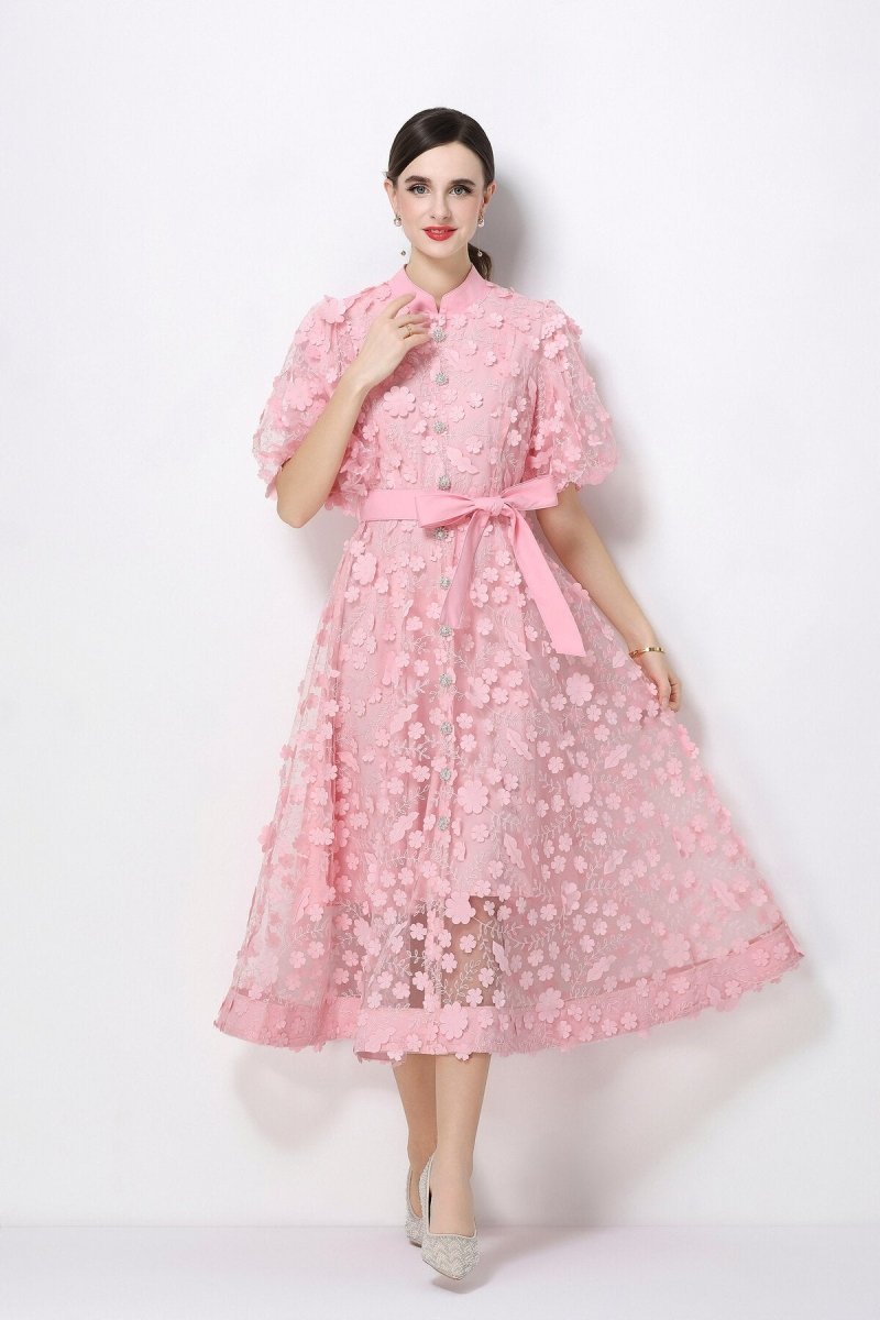 Women's 3D Floral Mesh Midi Dress with Belted Waist