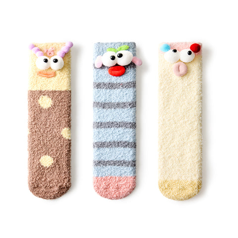 Women's 3D Monster Face Coral Velvet Mid-Calf Socks - 3 Pair Winter Set