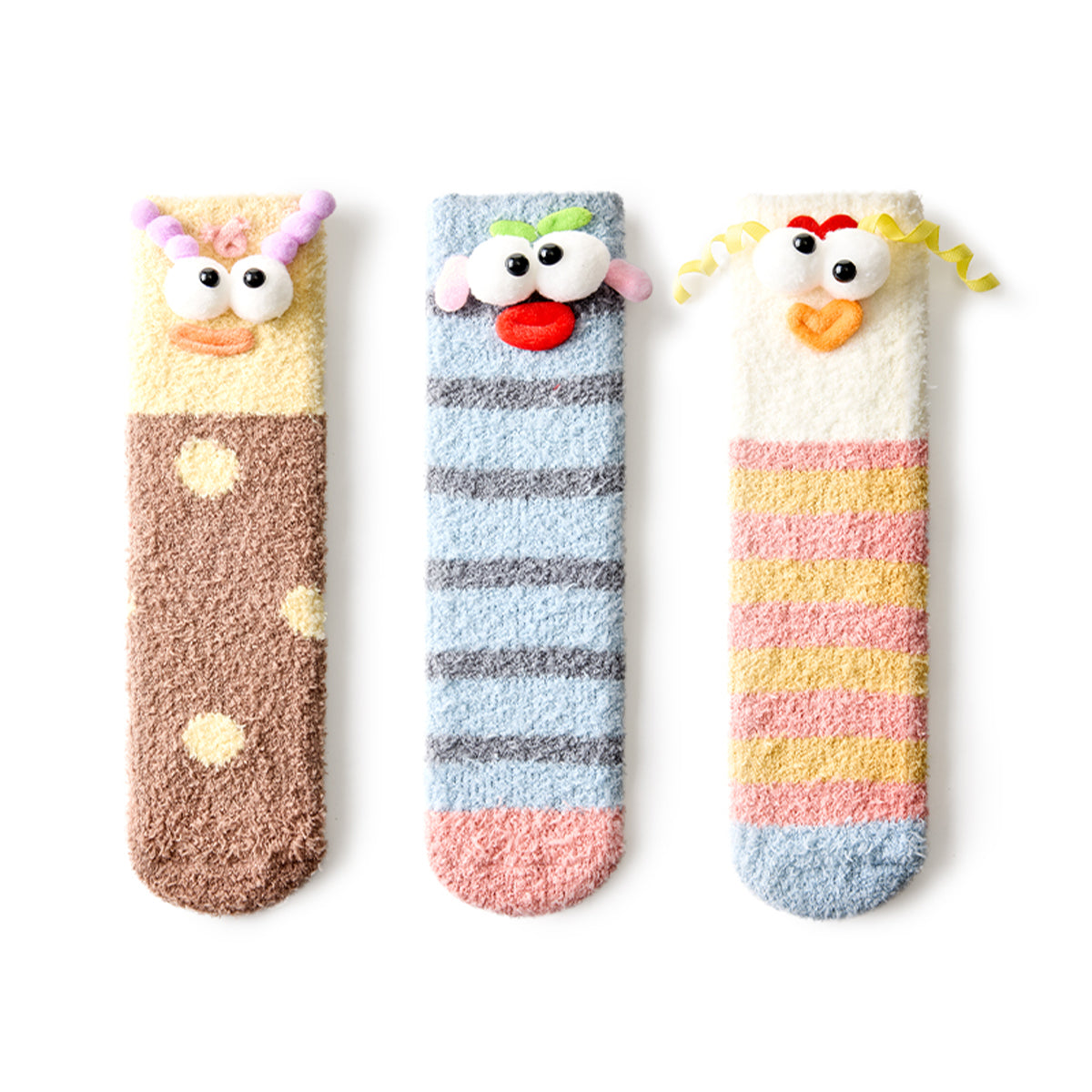 Women's 3D Monster Face Coral Velvet Mid-Calf Socks - 3 Pair Winter Set