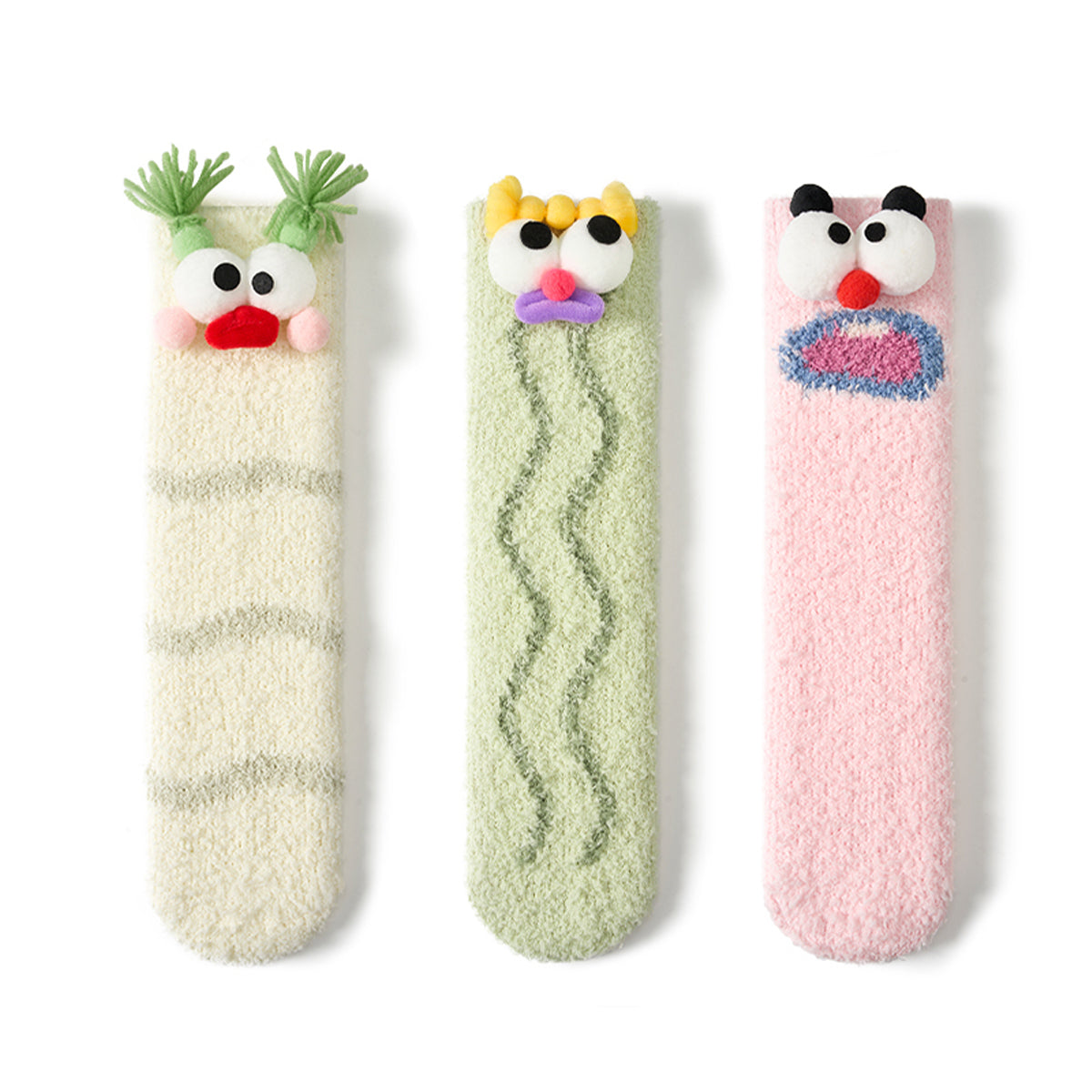 Women's 3D Monster Face Coral Velvet Mid-Calf Socks - 3 Pair Winter Set