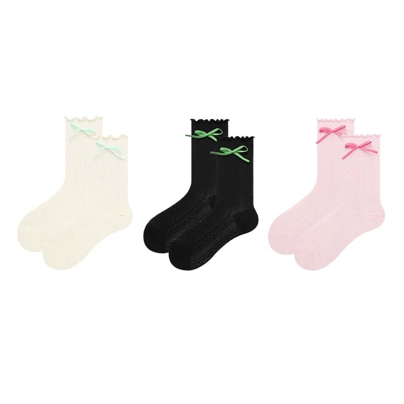 Women's Ballet Bow Pointelle Mid - Calf Socks - 3 Pair Summer Set