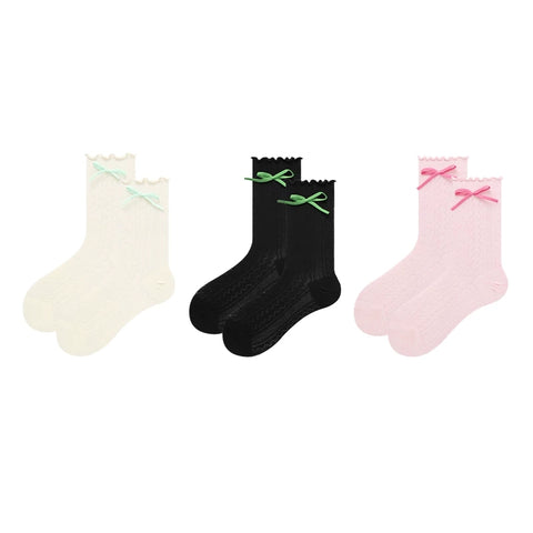 Women's Ballet Bow Pointelle Mid-Calf Socks - 3 Pair Summer Set
