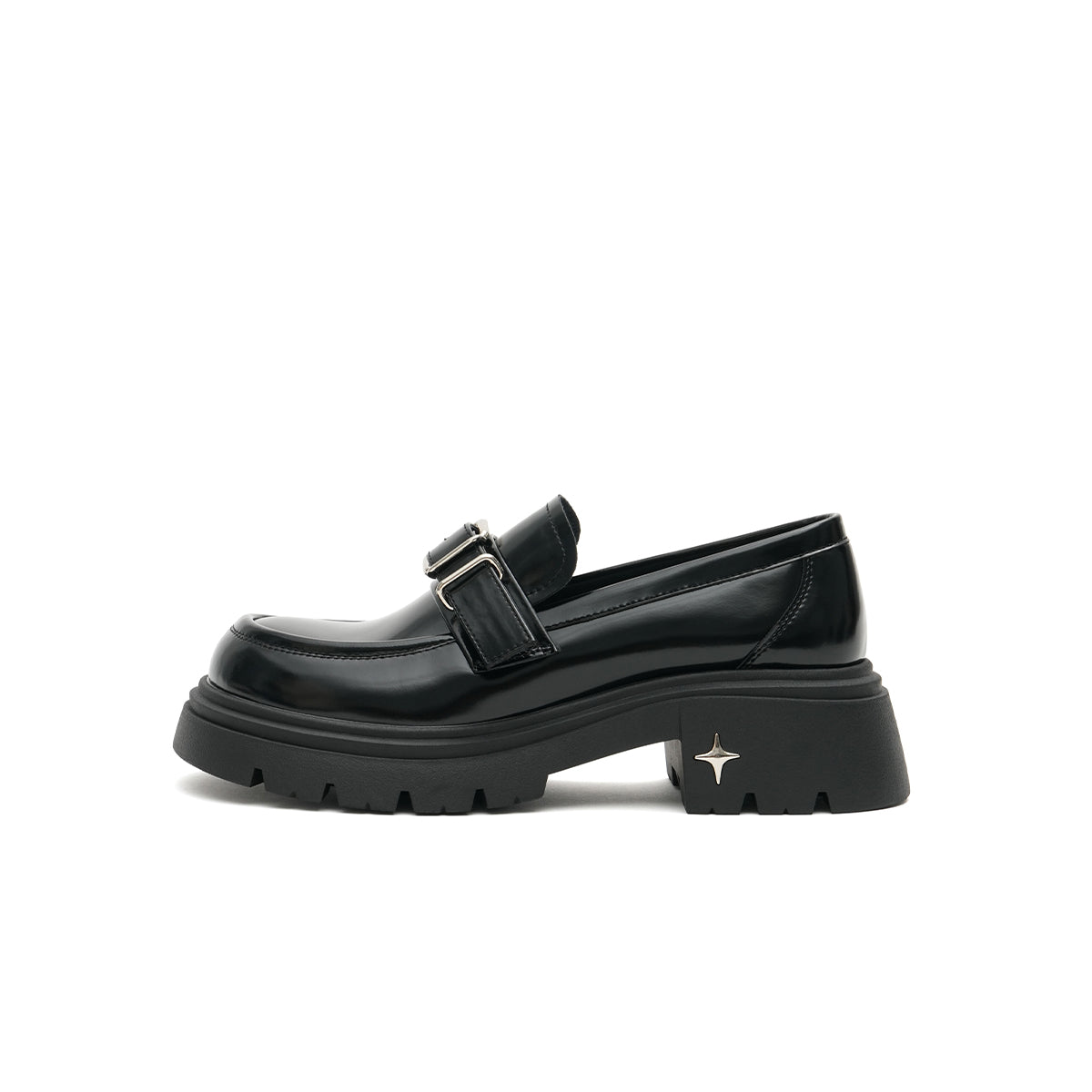 Women’s Black Buckled Platform Loafers – Chunky Heel Glossy Slip - Ons