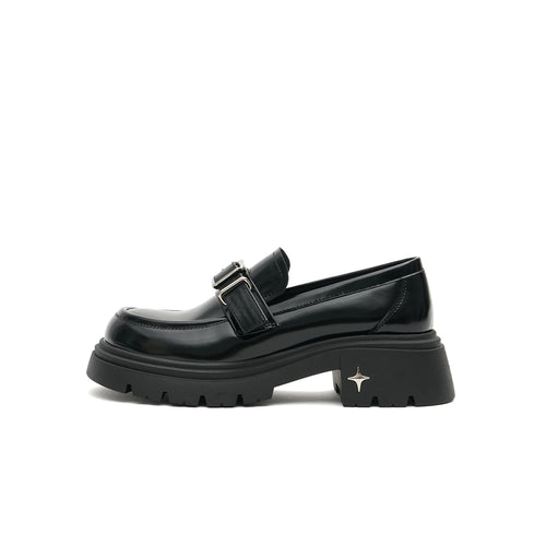 Women’s Black Buckled Platform Loafers – Chunky Heel Glossy Slip - Ons