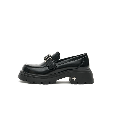 Women’s Black Buckled Platform Loafers – Chunky Heel Glossy Slip-Ons
