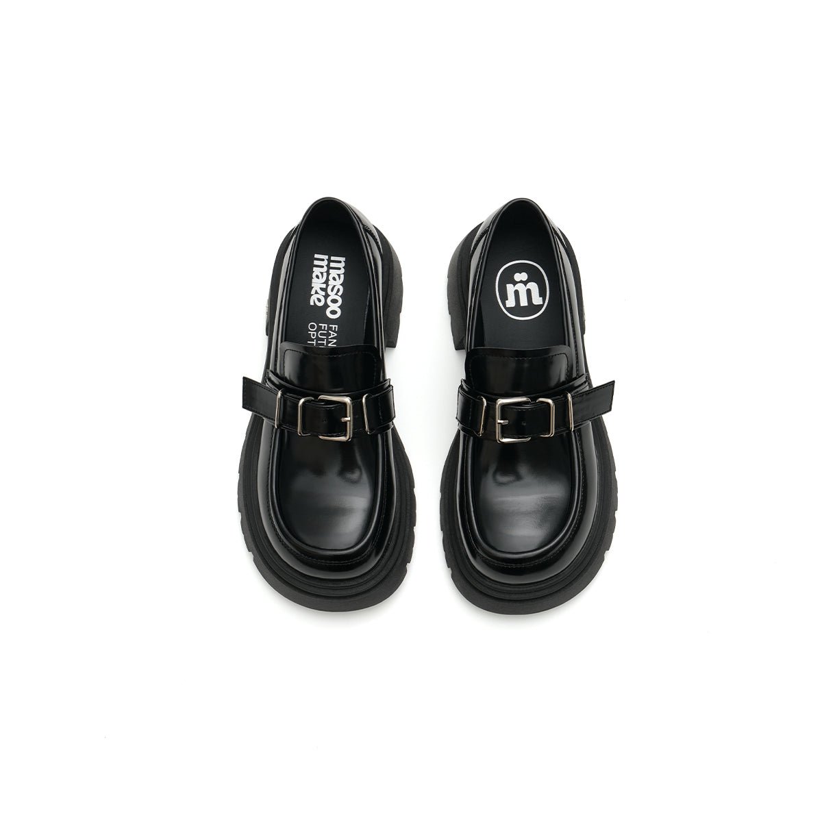 Women’s Black Buckled Platform Loafers – Chunky Heel Glossy Slip - Ons