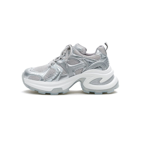 Women's Breathable Mesh Platform Sneakers – Metallic Sculpted Sole Trainers