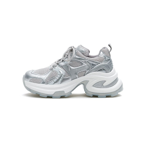 Women's Breathable Mesh Platform Sneakers – Metallic Sculpted Sole Trainers
