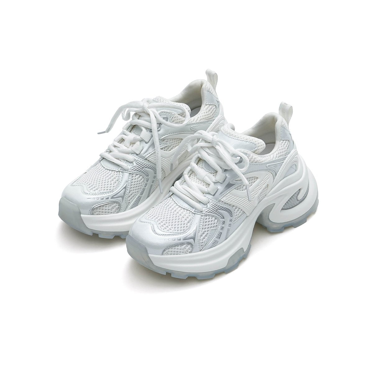 Women's Breathable Mesh Platform Sneakers – Metallic Sculpted Sole Trainers