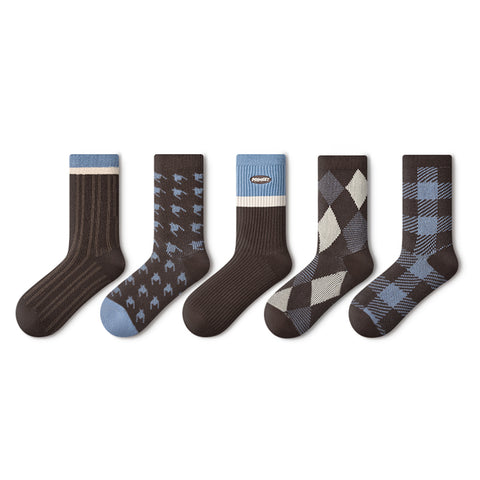 Classic Brown & Blue Patterned Mid-Calf Socks – Women's 5-Pair All-Season Crew Set
