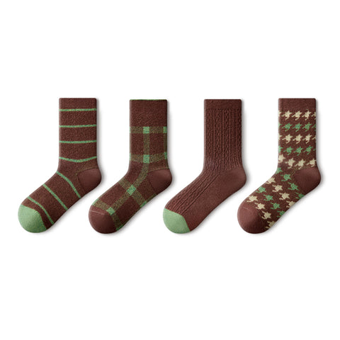 Brown & Green Wool Patterned Mid-Calf Socks – Women's 4-Pair Winter Set