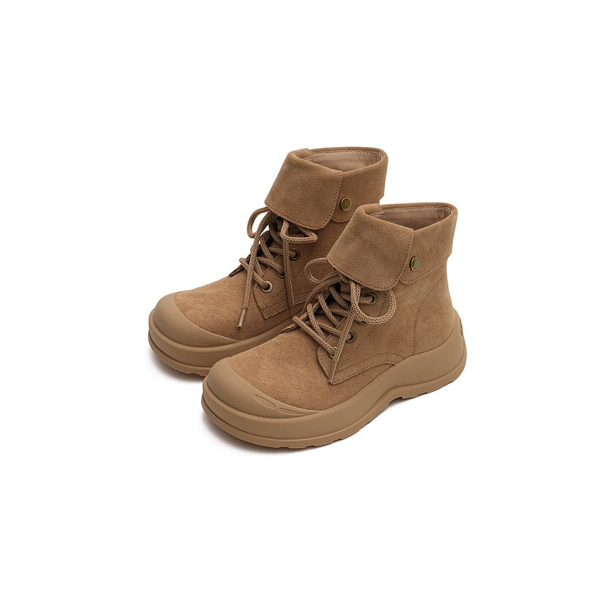 Women's Brown Suede Fold - Over Motorcycle Boots – Chunky Sole Lace - Up Boots