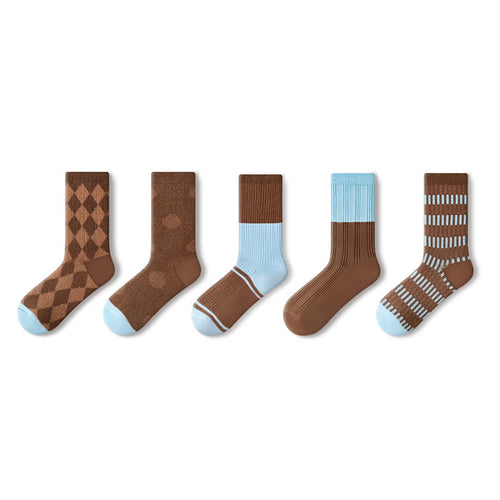 Chocolate Brown & Powder Blue Patterned Mid - Calf Socks – Women's 5 - Pair All - Season Universal Set