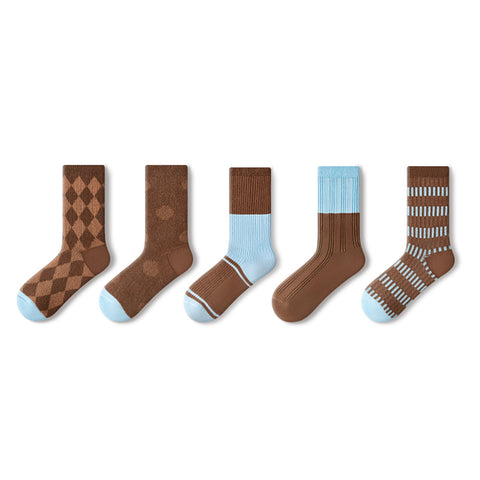 Chocolate Brown & Powder Blue Patterned Mid-Calf Socks – Women's 5-Pair All-Season Universal Set