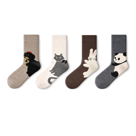 Cozy Winter Animal Wool Mid-Calf Socks – Women's 4-Pair Cold-Weather Set