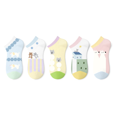 Cute Pastel Animal Illustration Ankle Socks – Women's 5-Pair Thin Summer Set