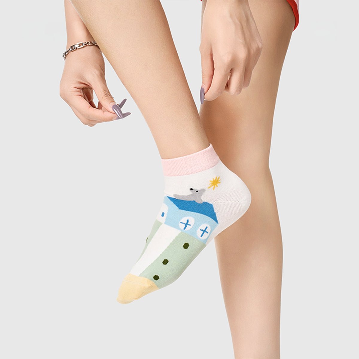 Cute Pastel Animal Illustration Ankle Socks – Women's 5 - Pair Thin Summer Set