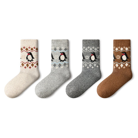 Cute Penguin Fair Isle Wool Mid-Calf Socks – Women's 4-Pair Winter Set