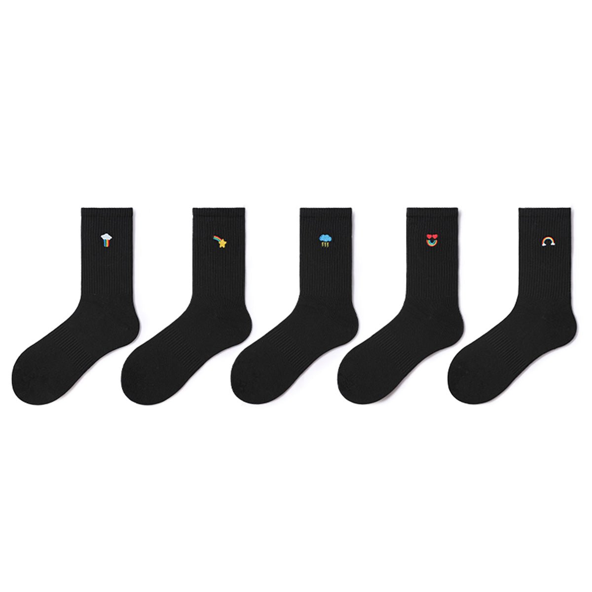 Cute Weather Embroidered Black Mid - Calf Socks – Women's 5 - Pair All - Season Crew Set