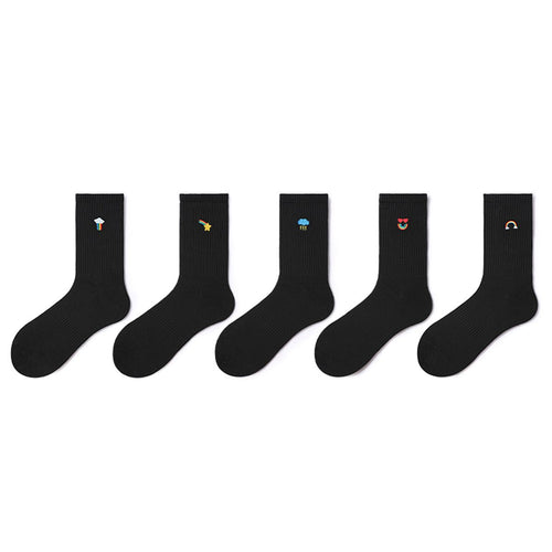 Cute Weather Embroidered Black Mid - Calf Socks – Women's 5 - Pair All - Season Crew Set