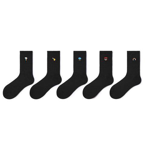 Cute Weather Embroidered Black Mid-Calf Socks – Women's 5-Pair All-Season Crew Set