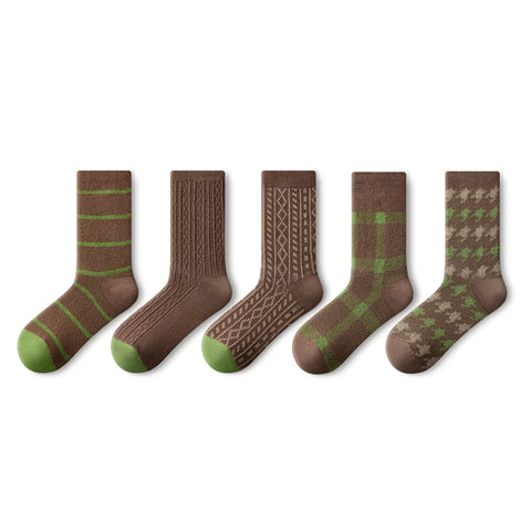 Women's Earth Tone Heritage Pattern Wool Mid-Calf Socks - 5 Pair Winter Set