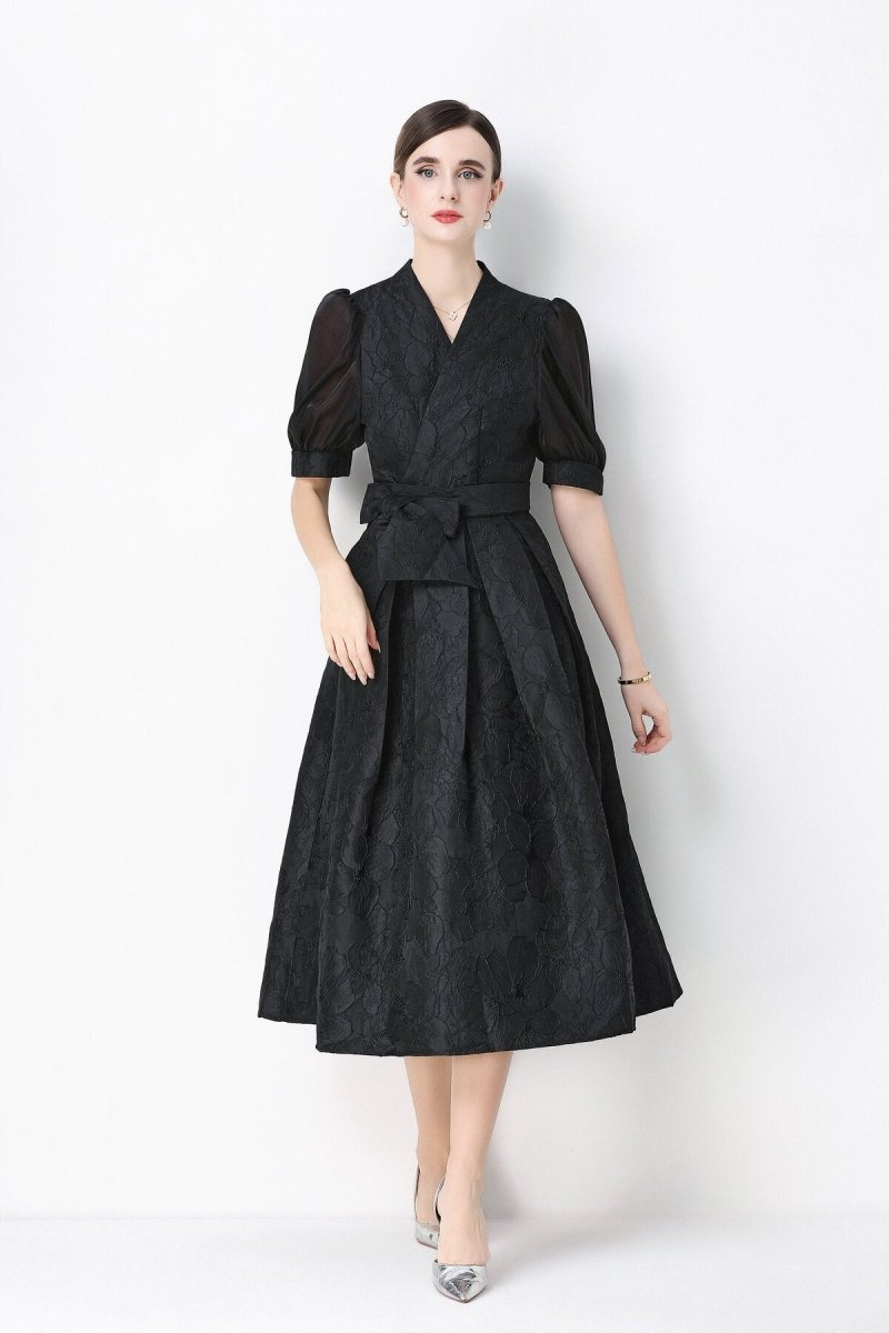 Women's Elegant Floral Jacquard Puff Sleeve Midi Dress with Bow Belt