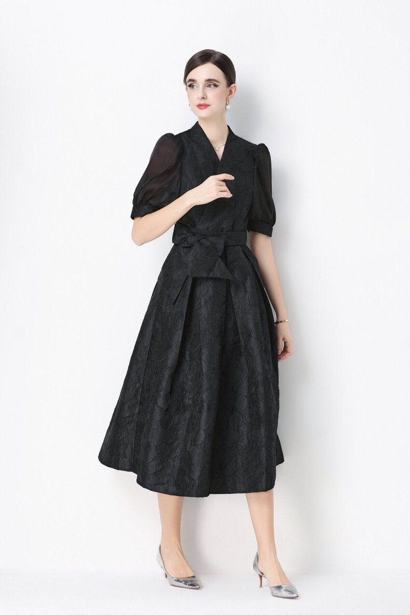 Women's Elegant Floral Jacquard Puff Sleeve Midi Dress with Bow Belt