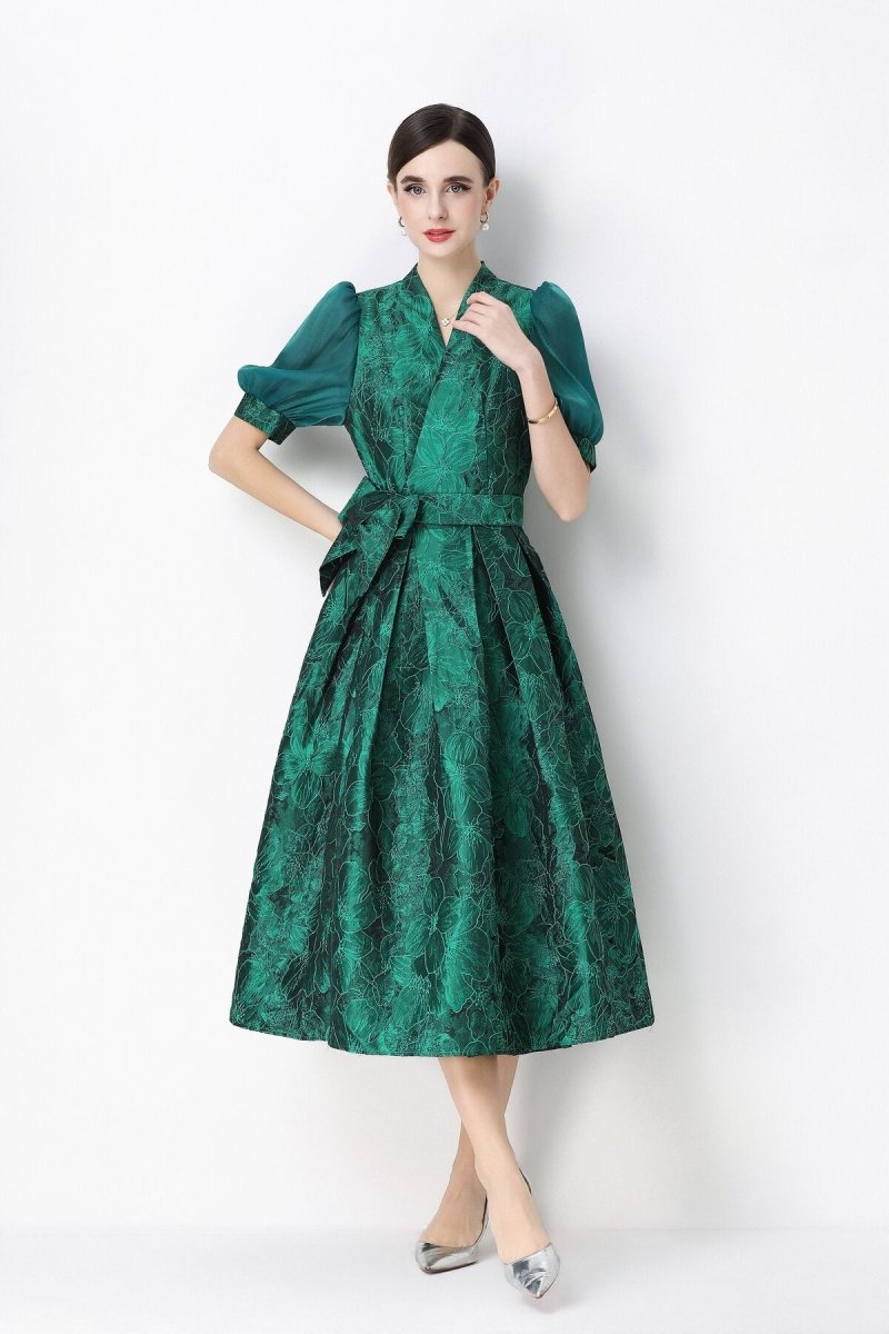 Women's Elegant Floral Jacquard Puff Sleeve Midi Dress with Bow Belt