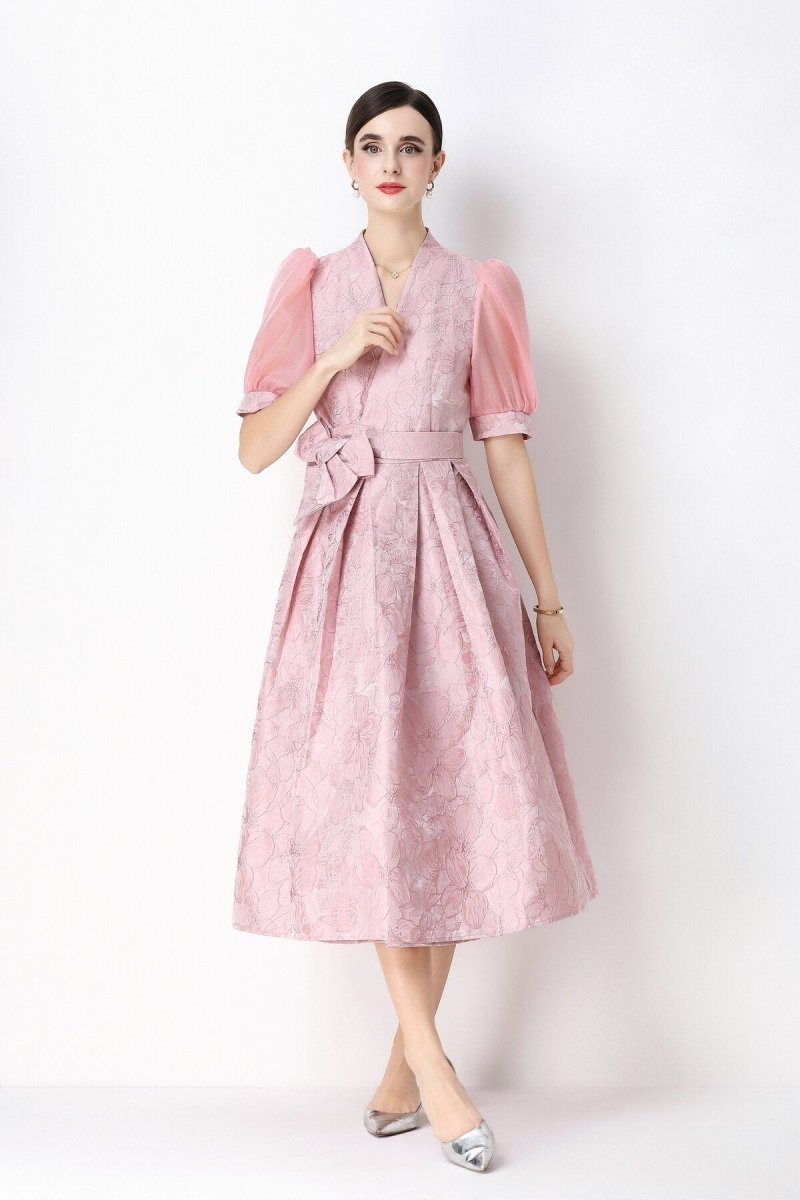 Women's Elegant Floral Jacquard Puff Sleeve Midi Dress with Bow Belt