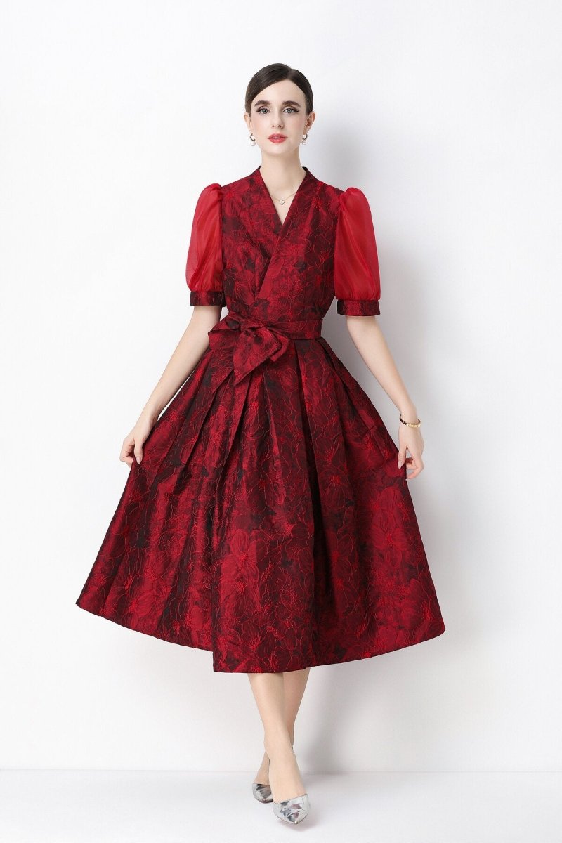 Women's Elegant Floral Jacquard Puff Sleeve Midi Dress with Bow Belt