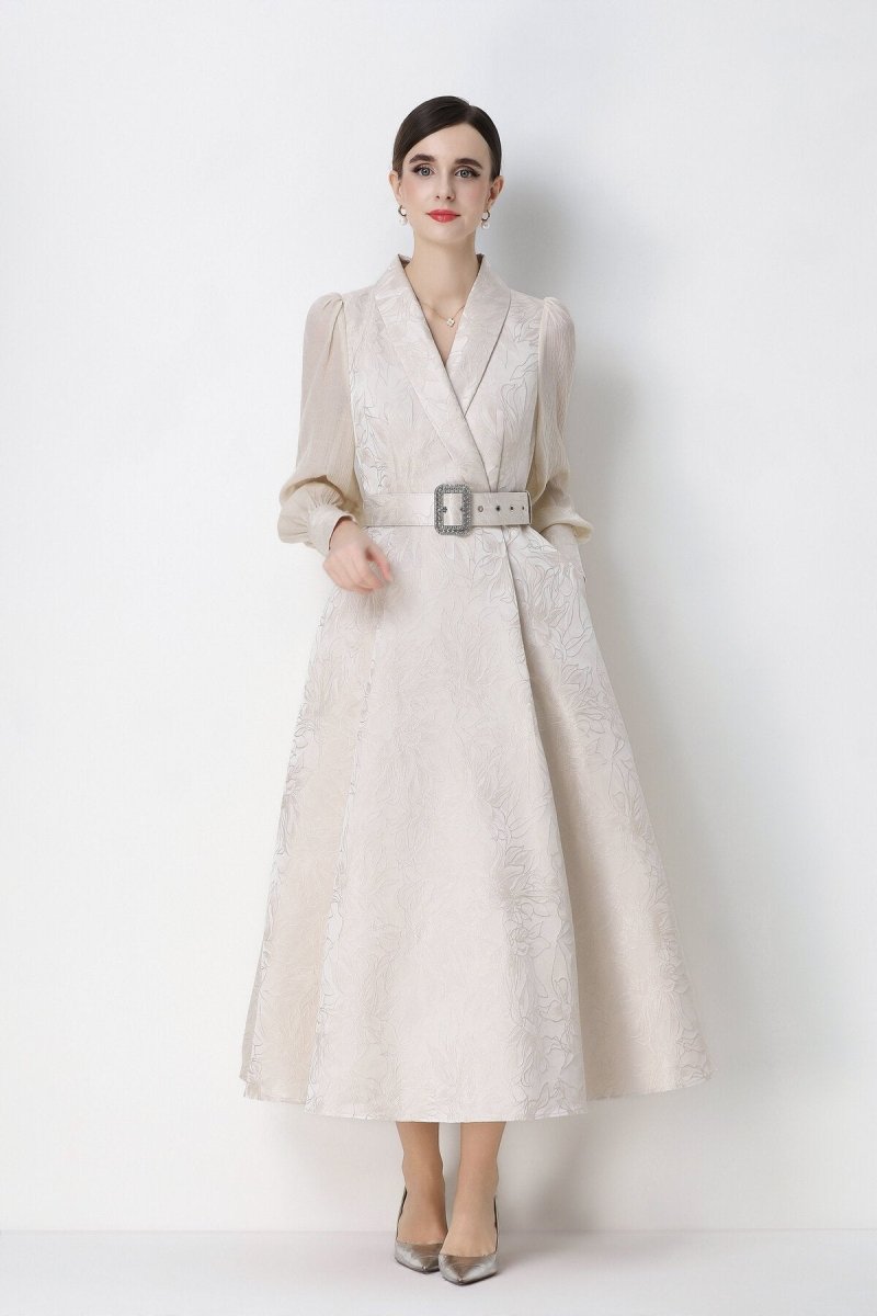 Women's Elegant Jacquard Wrap Midi Dress with Belted Waist