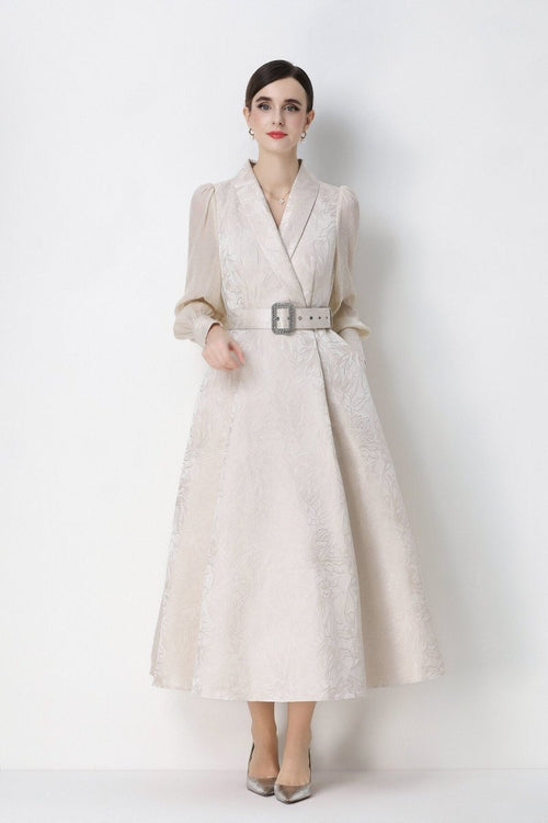 Women's Elegant Jacquard Wrap Midi Dress with Belted Waist
